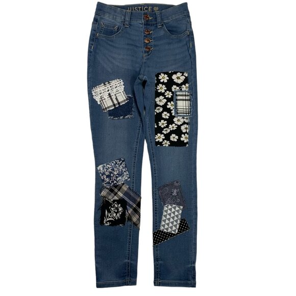 Justice Skinny Jeans Boho Patched Blue Black Plaid Button Snap Fly Size 12 - Picture 2 of 12
